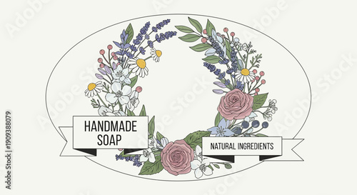 Handmade Soap Label with Floral Wreath: Natural Ingredients, Botanical Design