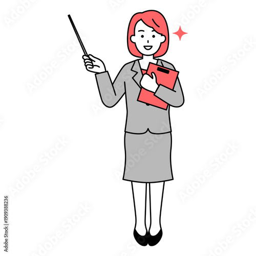 指示棒で説明するスーツの女性（全身）