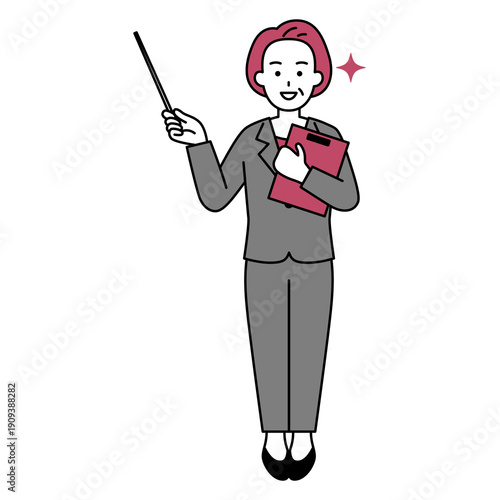 指示棒で説明する中年のスーツの女性（全身）