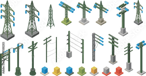 Isometric electrical transmission towers and utility pole illustration set, power grid infrastructure diagram, engineering technical energy distribution drawing