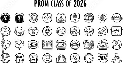 Hand-drawn Prom and Graduation Class of 2026 Icons Set. Outline Celebration Party Event Symbols in Black and White Doodle Line Art Style.