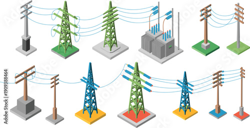Isometric electrical transmission towers illustration, power grid infrastructure set, transformer equipment diagram, engineering technical energy distribution drawing