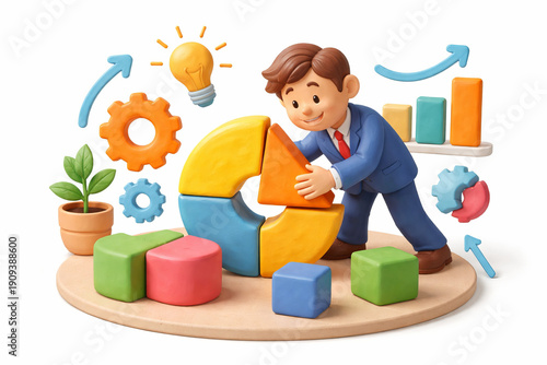 Cheerful character suit interacts with colorful geometric shapes, symbolizing business growth