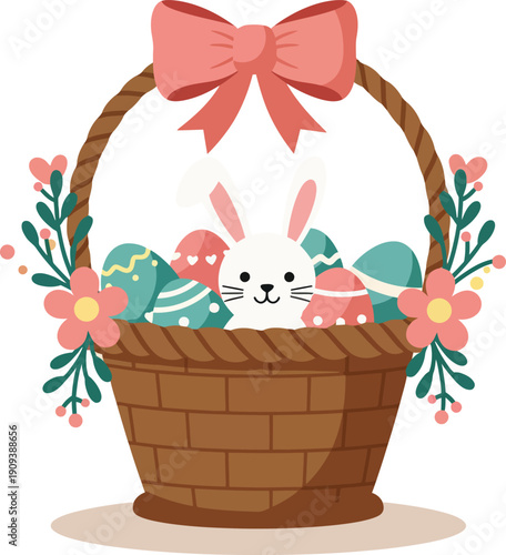 A cute cartoon illustration of a happy Easter bunny sitting in a grass basket filled with colorful eggs and spring flowers for a holiday celebration vector design