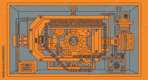 Intricate orange mechanical device with gears, chains, and pipes inside a gray box, representing complex machinery and engineering.