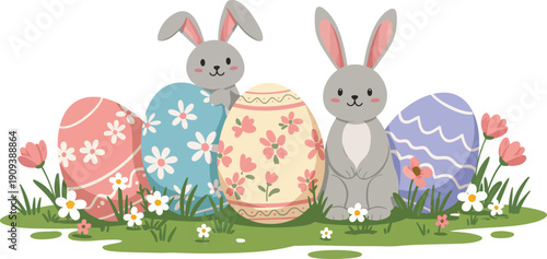 A cute cartoon Easter bunny celebrates the spring holiday in a green meadow with colorful eggs, flowers, and a happy hare illustration