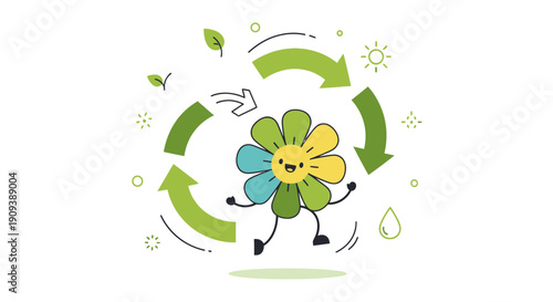 Happy Flower Character in Recycling Loop with Sun and Water Droplet