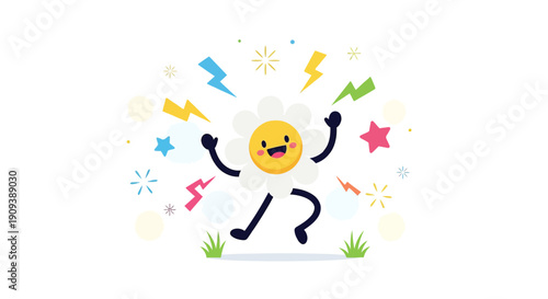 Happy Flower Character Jumping with Joy, Surrounded by Colorful Sparkles and Lightning Bolts