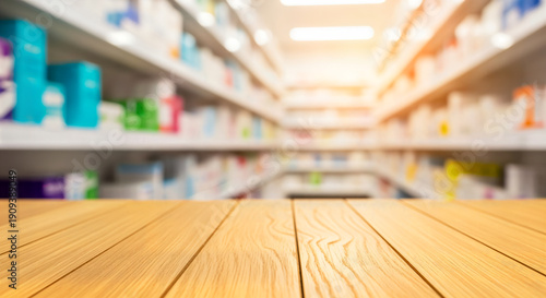 Empty wooden table in front of blurred pharmacy shelves for product display