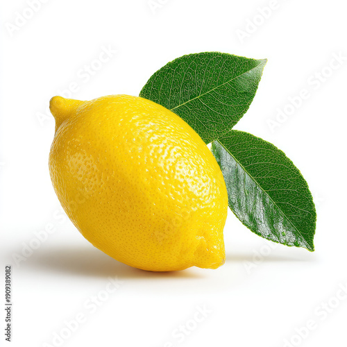 Lemon fruit with green leaves isolated white background fresh