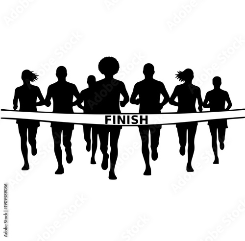 Diverse Group 5K Walk Finish Line Black Silhouette Vector