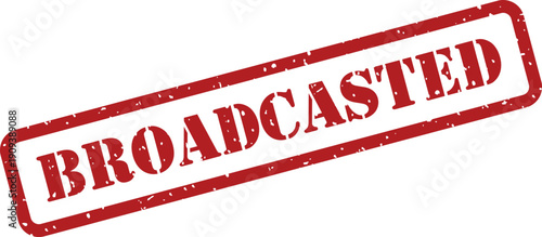 A grungy red rubber stamp impression displays the word BROADCASTED on a plain white background