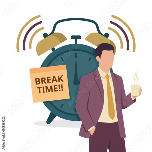 Businessman taking coffee break, alarm clock signals break time with sticky note.