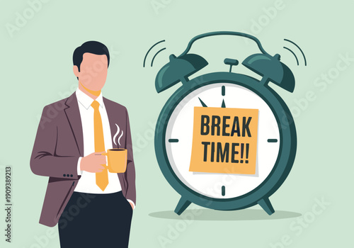 Businessman with coffee mug and alarm clock signaling break time