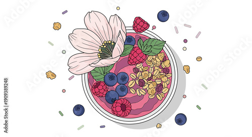 Healthy Acai Bowl with Berries, Granola, and Flower Illustration