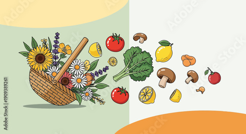 Healthy Food and Flowers Basket Illustration: Fresh Ingredients and Spring Blooms