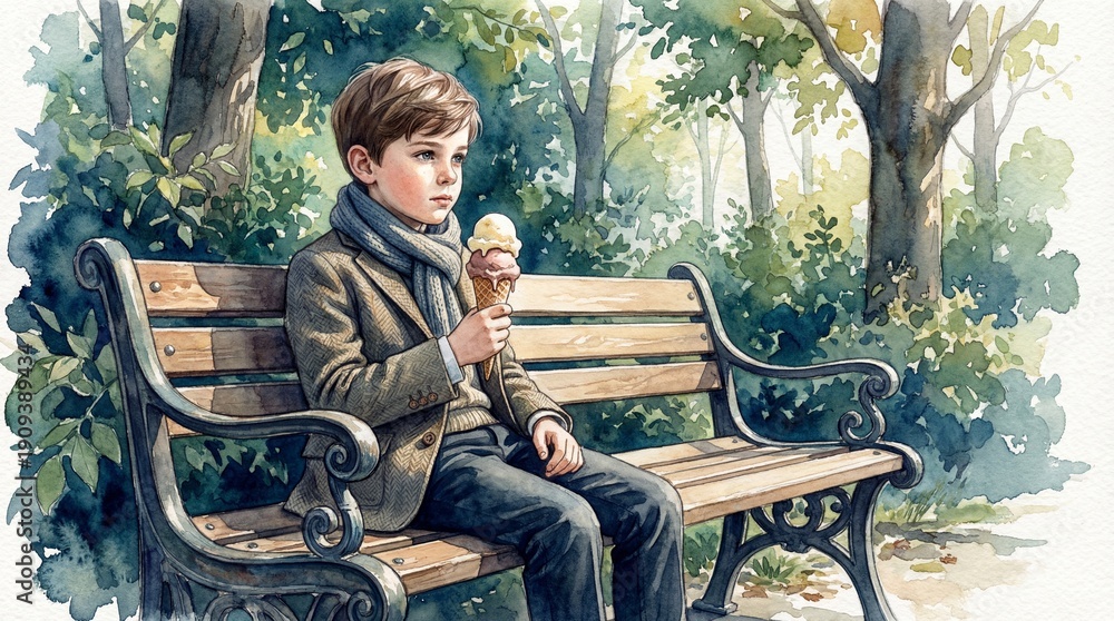 Fototapeta premium Boy sitting on bench with ice cream in park during autumn 