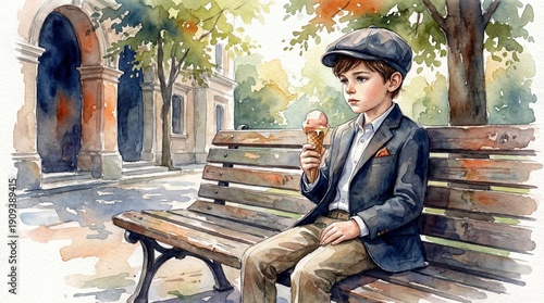 Boy sitting on bench with ice cream in park during summer  