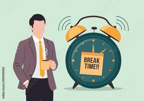Businessman taking a coffee break with an alarm clock indicating 'BREAK TIME'