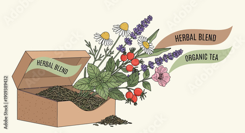 Herbal Blend Organic Tea Box with Fresh Botanical Flowers and Herbs