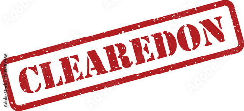 A red rubber stamp prominently displaying the unique word CLEAREDON on a bright white background