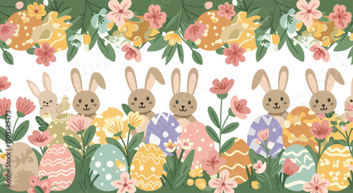 A happy cartoon Easter bunny sits in the green spring grass with cute colorful eggs and flowers under a blue sky in this festive holiday vector illustration