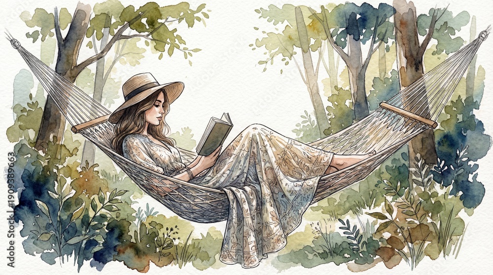 Obraz premium Girl reading book in hammock outdoors surrounded by trees and nature 