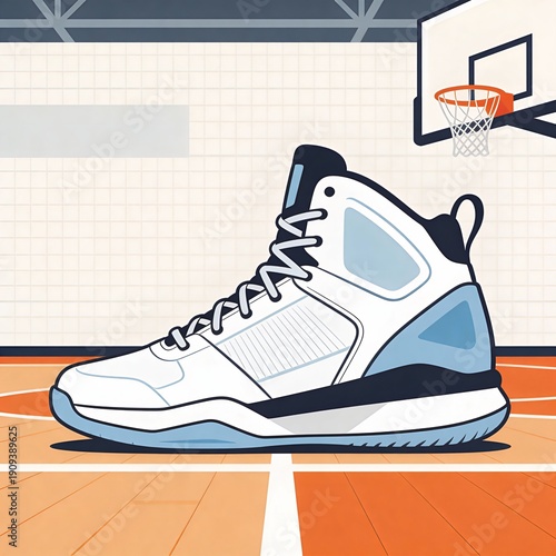 Basketball Shoe Illustration on Court with Hoop