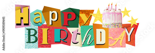 Happy Birthday vintage halftone collage stickers Magazine font with cake. Vector illustration.
