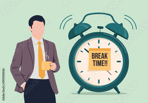 Businessman taking a coffee break with alarm clock showing 'Break Time'