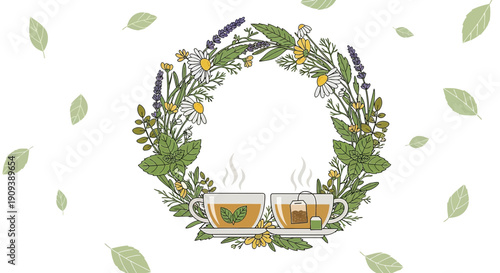 Herbal Tea Wreath with Flowers and Leaves, Two Cups of Hot Beverage