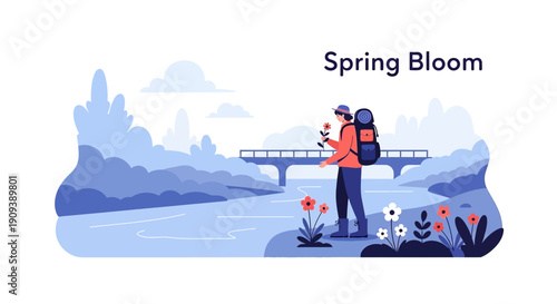 Hiker admires spring flowers by river, bridge and mountains in background illustration