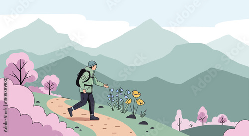 Hiker Admiring Wildflowers on Scenic Mountain Trail