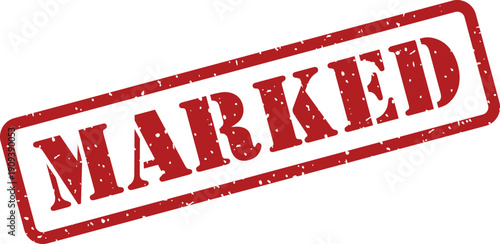 Red rectangular rubber stamp containing the word MARKED on a bright white background