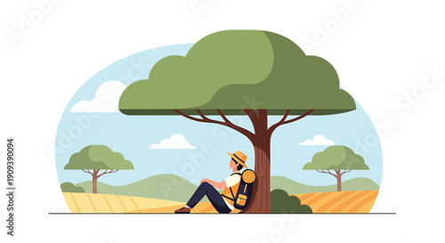 Hiker Resting Under Tree in Scenic Landscape