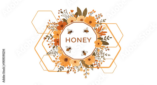 Honey Bee Floral Emblem with Hexagons and Botanical Illustrations