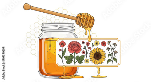 Honey Jar with Flowers - Sweet Nature and Floral Illustration