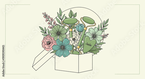 Jade Roller & Gua Sha with Spring Flowers in Gift Box - Beauty Care Illustration