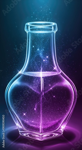 Magical Potion Bottle with Neon Particles in Purple and Blue Fantasy Illustration