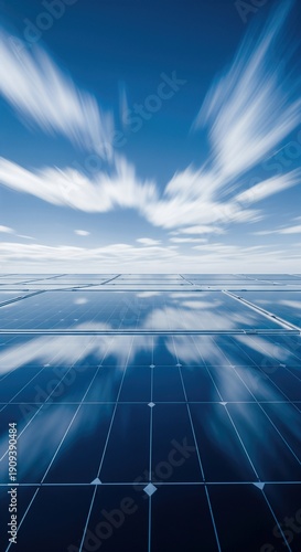 Reflection of Clouds on Solar Panels with Motion Blur in a Clear Blue Sky