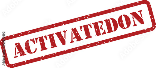 Textured red rubber stamp impression with the word ACTIVATEDON enclosed in a rectangle on white