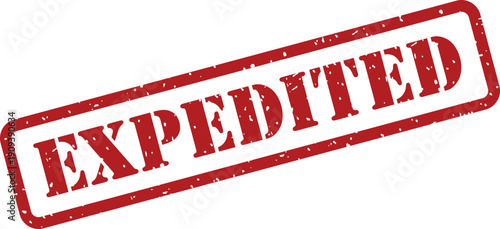 The word EXPEDITED appears clearly on a red grunge textured rubber stamp over a white area