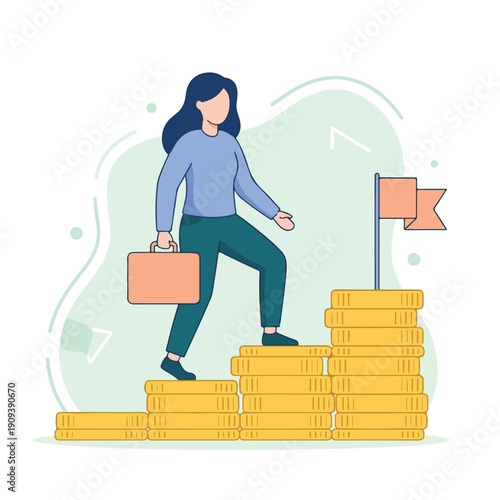 Businesswoman climbing coin stairs to reach goal, career growth illustration