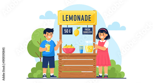 Kids Lemonade Stand: Summer Business Venture with Fresh Lemonade and Happy Children