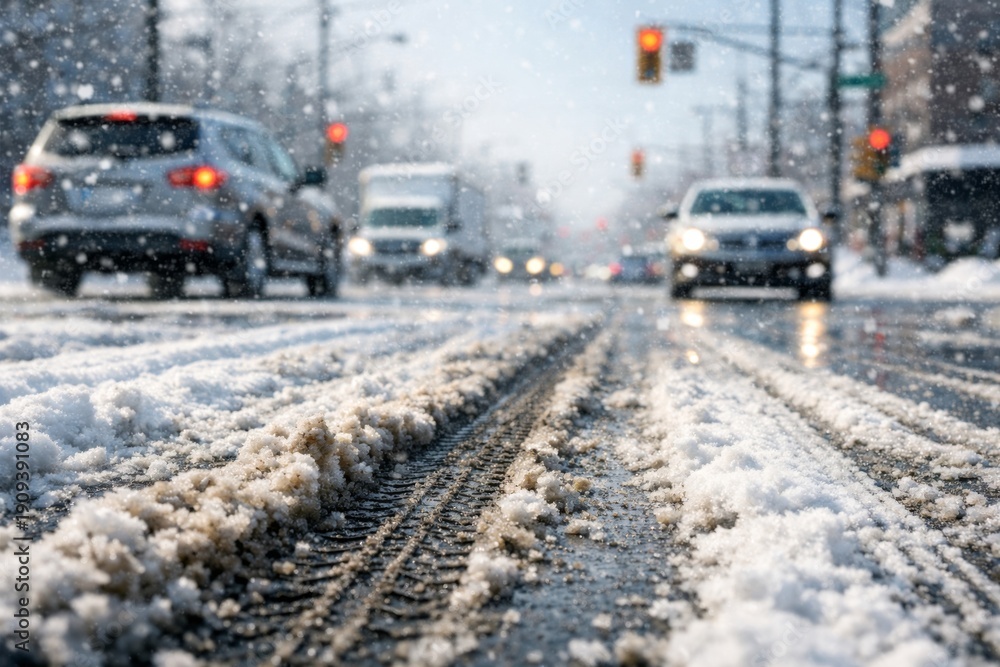 Obraz premium Winter Scene Showing Cars Navigating Through a Snowy Street with Tire Tracks in Fresh Snow, Creating a Serene Yet Busy Atmosphere