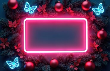 Christmas fir branches surround neon frame. Red baubles and blue butterflies adorn festive decorations. Blank space for text, winter celebration background.