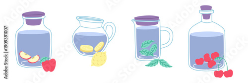 Set of water jugs and bottles with apple, lemon, mint and cherry. Flat vector collection of healthy detox drinks for nutrition blog, menu, hydration app or organic food design projects