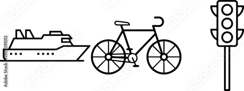 Transport and Navigation Line Art Icons: Ship, Bike, Traffic