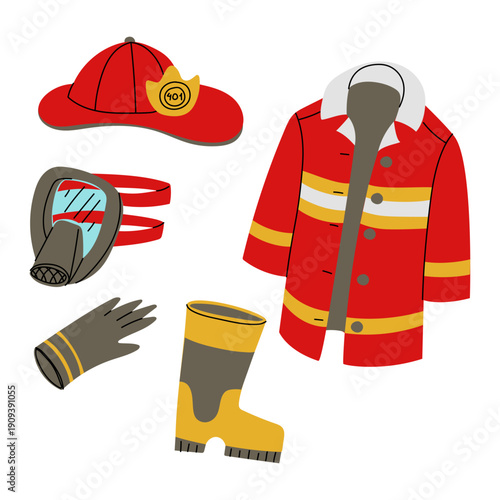 Set of firefighter uniform and protective gear icons. Flat vector collection with helmet, jacket, mask, gloves and boots for fire safety infographic, rescue service posters or educational books