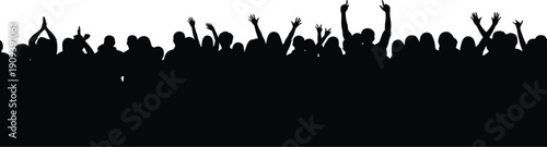 Silhouetted crowd with raised arms against a bright background, capturing a moment of collective jubilation and excitement